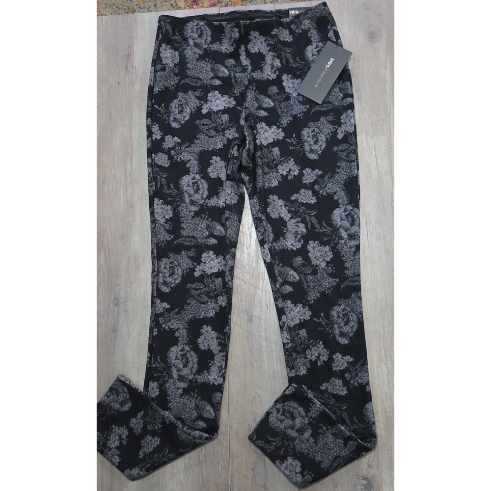 Intro. Laura Double Knit Black & Gray Floral Leggings-Tummy Control-Women S- NWT